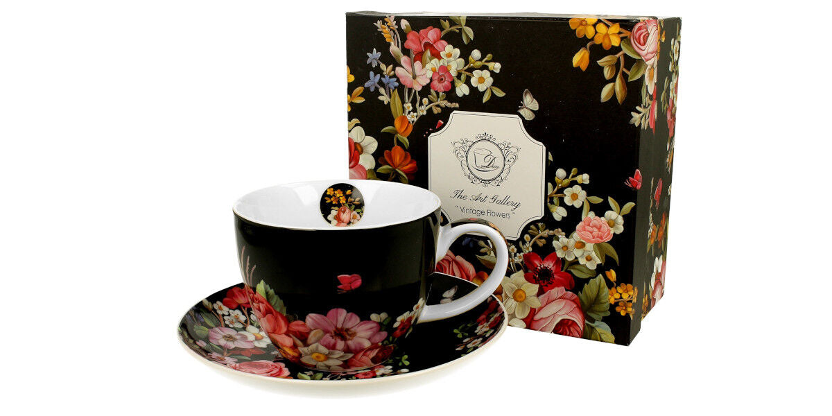DUO FLORAL Jumbobecher 470 ml VINTAGE FLOWERS BLACK mit Untertasse, New Bone China Porzellan