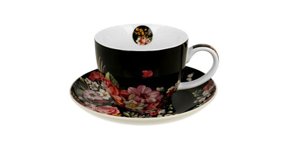 DUO FLORAL Jumbobecher 470 ml VINTAGE FLOWERS BLACK mit Untertasse, New Bone China Porzellan – Bild 2