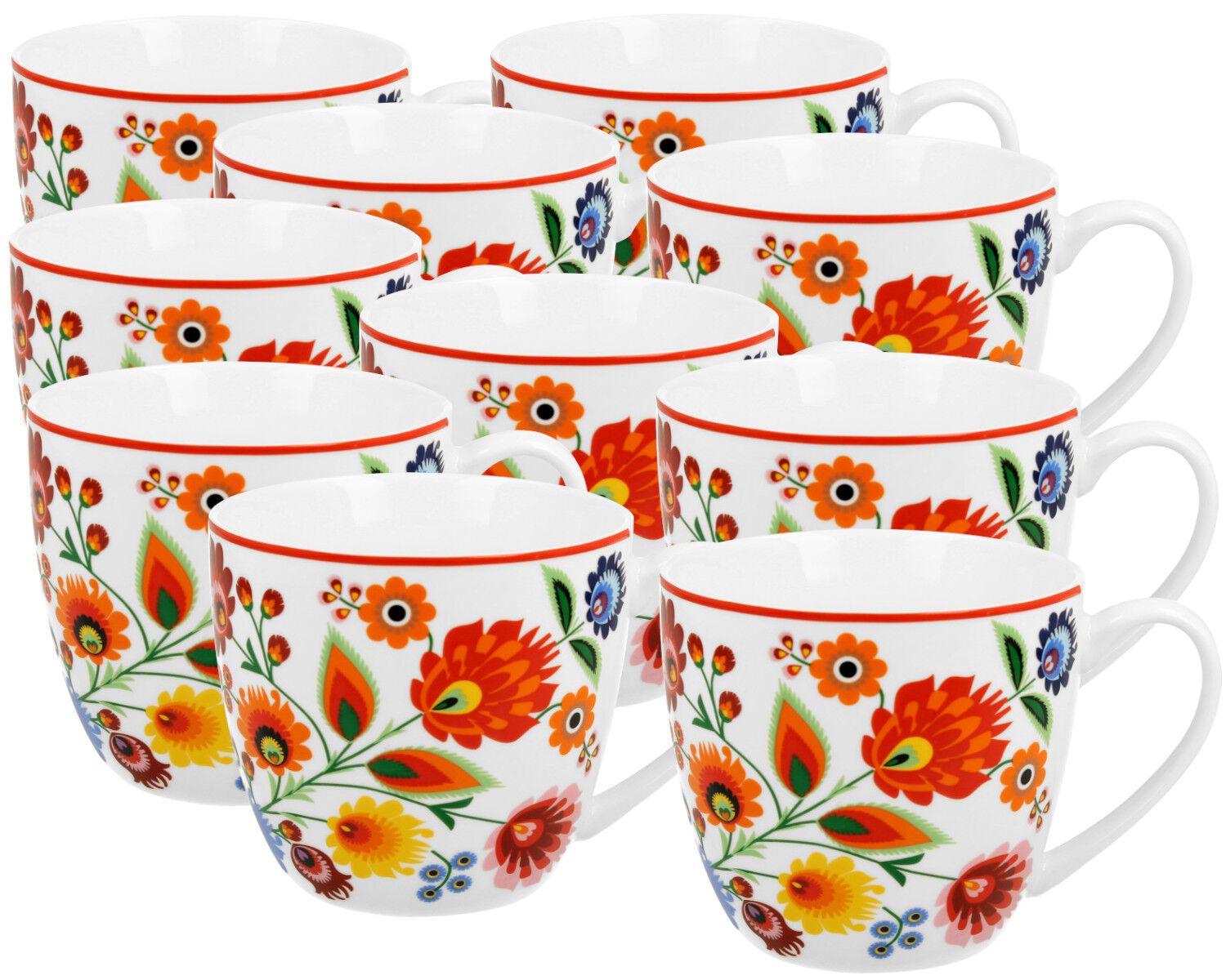 10er SET DUO ETNO Becher 460 ml ŁOWICZ in Tragetasche, New Bone China Porzellan
