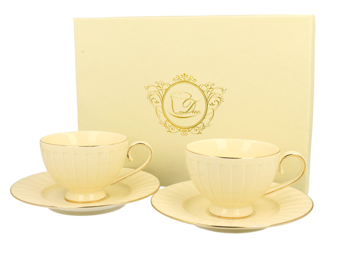 DUO ECRU 22674 2er-Set Tassen 220 ml mit Untertassen mit Untertassen, New Bone China Porzellan