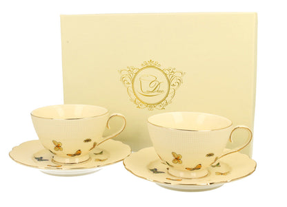 DUO ECRU 22735 2er-Set Tassen 260 ml mit Untertassen mit Untertassen, New Bone China Porzellan