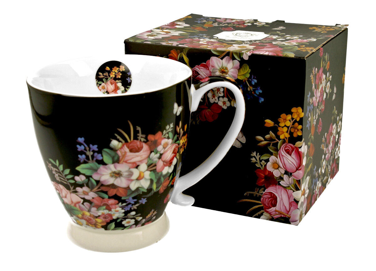 DUO FLORAL Jumbobecher 480 ml VINTAGE FLOWERS BLACK mit Fuß, New Bone China Porzellan