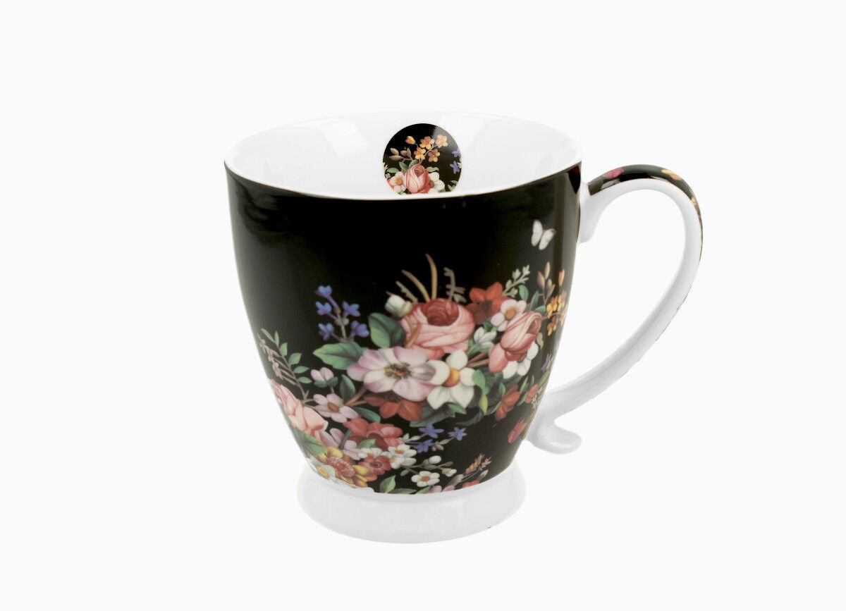 DUO FLORAL Jumbobecher 480 ml VINTAGE FLOWERS BLACK mit Fuß, New Bone China Porzellan – Bild 2