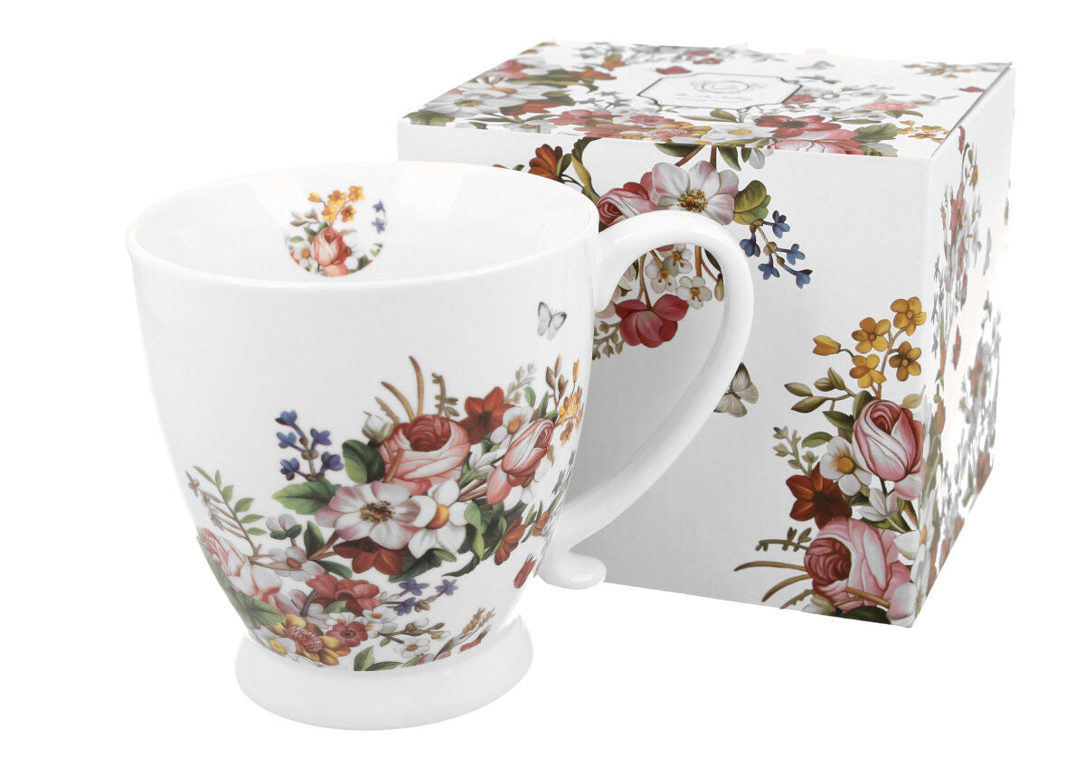 DUO FLORAL Jumbobecher 480 ml VINTAGE FLOWERS WHITE mit Fuß, New Bone China Porzellan