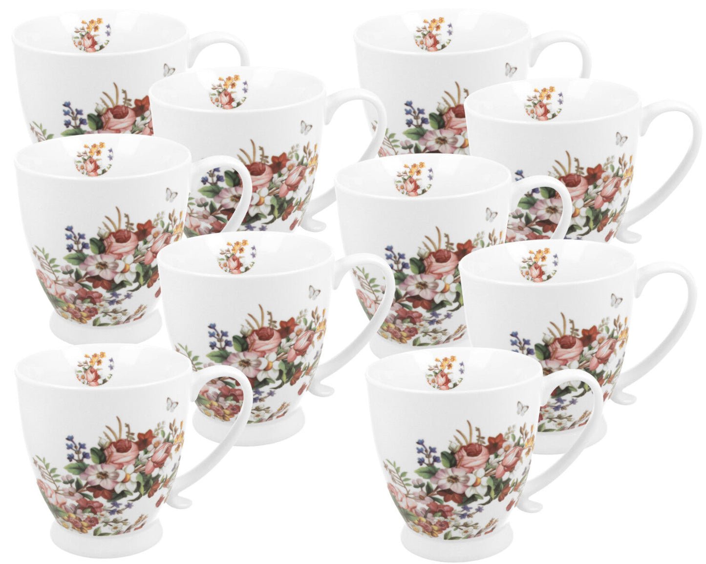 10er SET DUO FLORAL Jumbobecher 480 ml VINTAGE FLOWERS WHITE mit Fuß, New Bone China Porzellan