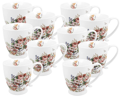 10er SET DUO FLORAL Jumbobecher 480 ml VINTAGE FLOWERS WHITE mit Fuß, New Bone China Porzellan