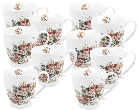 10er SET DUO FLORAL Jumbobecher 480 ml VINTAGE FLOWERS WHITE mit Fuß, New Bone China Porzellan