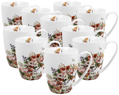 10er SET DUO FLORAL Klassischer Becher 350 ml VINTAGE FLOWERS WHITE New Bone China Porzellan
