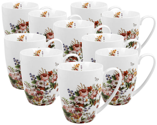 10er SET DUO FLORAL Klassischer Becher 350 ml VINTAGE FLOWERS WHITE New Bone China Porzellan