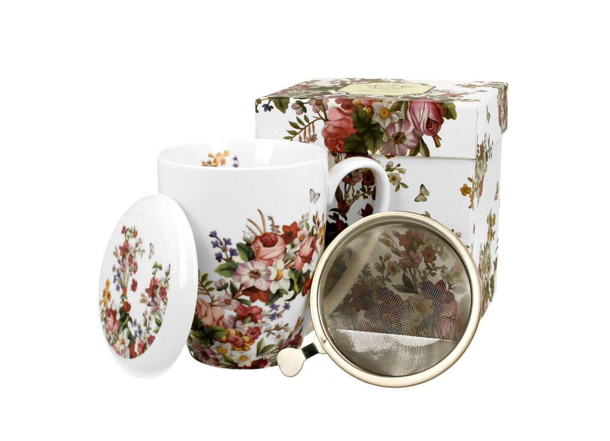 DUO FLORAL Becher 380 ml VINTAGE FLOWERS WHITE mit Teesieb, New Bone China Porzellan