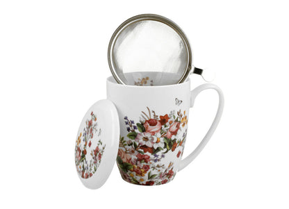 10er SET DUO FLORAL Becher 380 ml VINTAGE FLOWERS WHITE mit Teesieb, New Bone China Porzellan – Bild 3