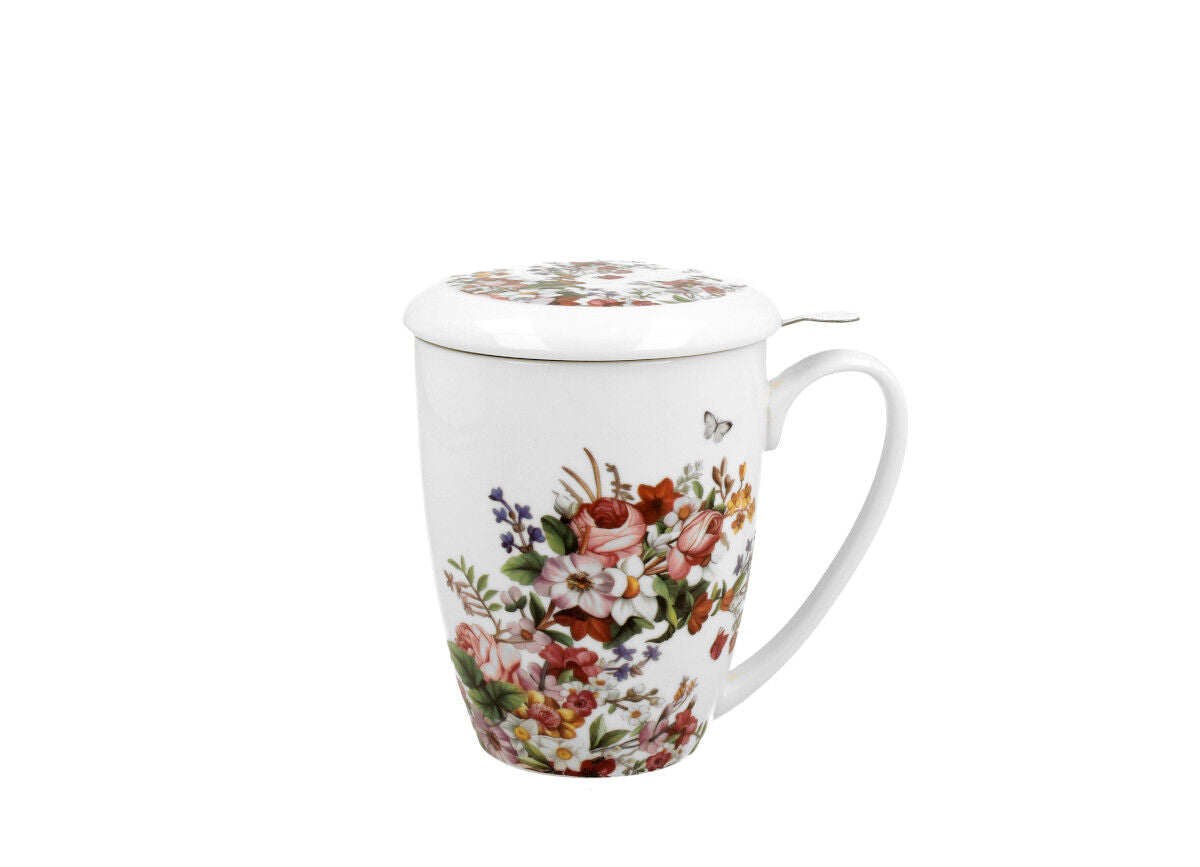 DUO FLORAL Becher 380 ml VINTAGE FLOWERS WHITE mit Teesieb, New Bone China Porzellan – Bild 3