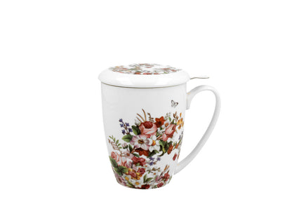 10er SET DUO FLORAL Becher 380 ml VINTAGE FLOWERS WHITE mit Teesieb, New Bone China Porzellan – Bild 4