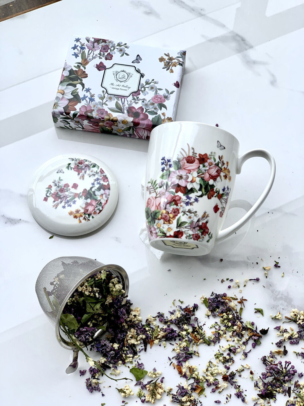DUO FLORAL Becher 380 ml VINTAGE FLOWERS WHITE mit Teesieb, New Bone China Porzellan – Bild 5