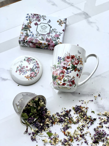 DUO FLORAL Becher 380 ml VINTAGE FLOWERS WHITE mit Teesieb, New Bone China Porzellan – Bild 5