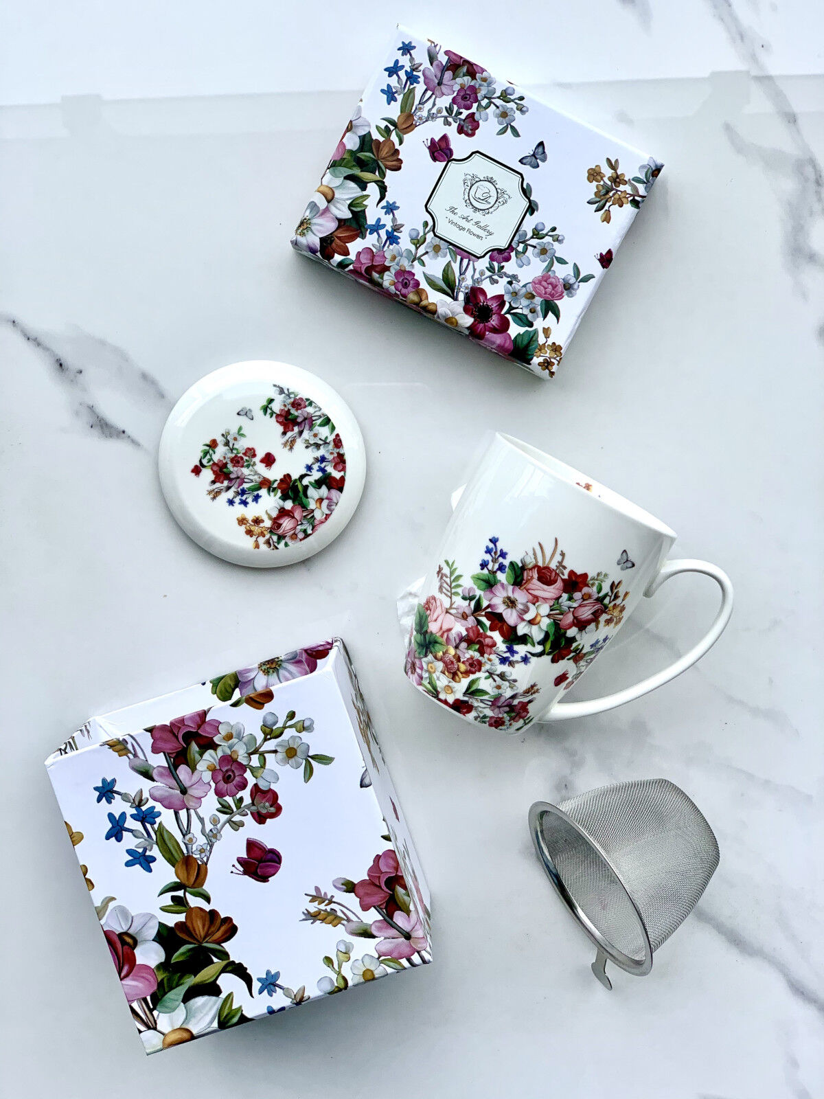 DUO FLORAL Becher 380 ml VINTAGE FLOWERS WHITE mit Teesieb, New Bone China Porzellan – Bild 6
