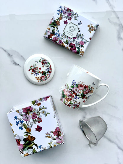 DUO FLORAL Becher 380 ml VINTAGE FLOWERS WHITE mit Teesieb, New Bone China Porzellan – Bild 6