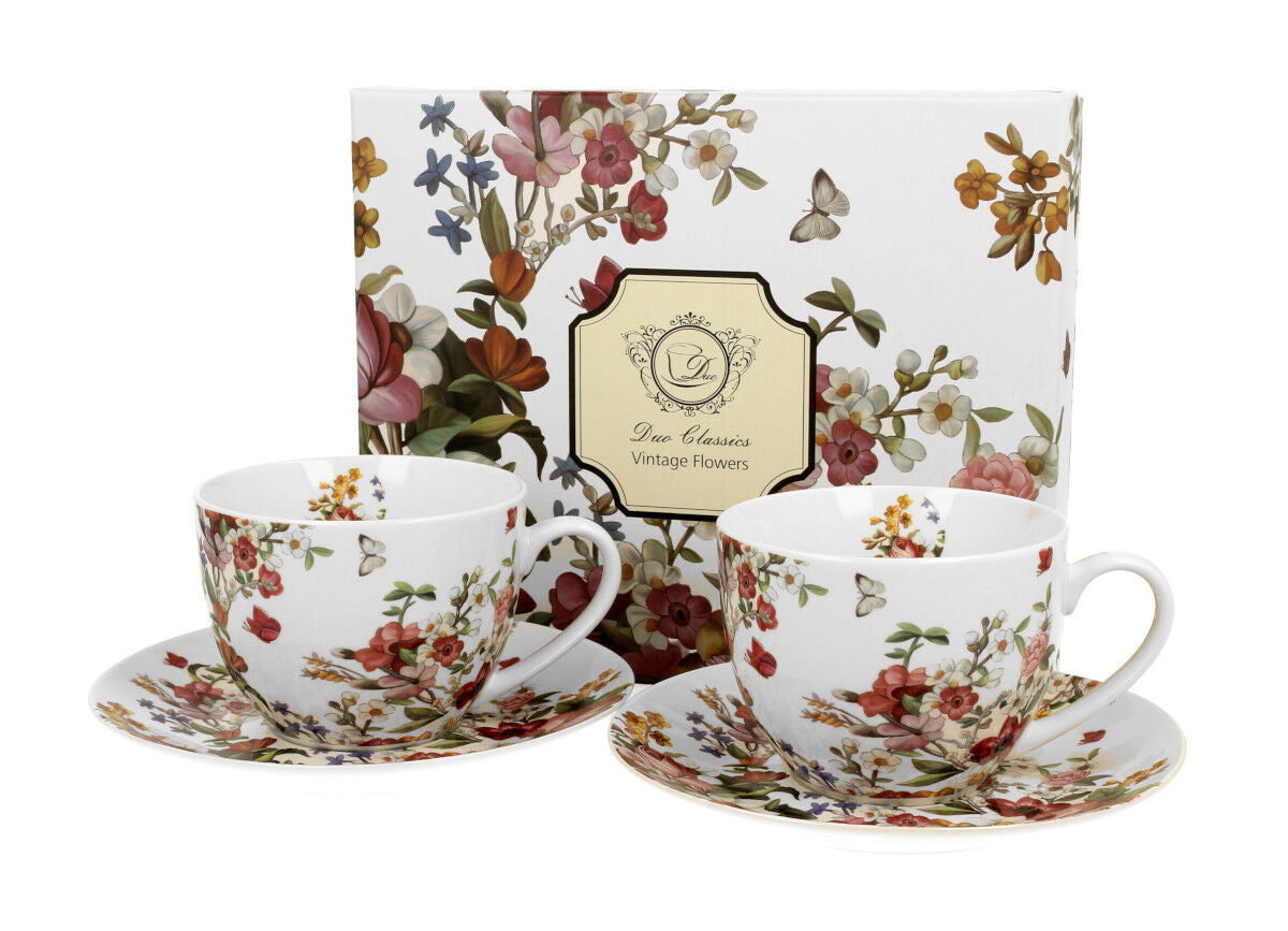 DUO FLORAL 2er-Set Tassen 280 ml VINTAGE FLOWERS WHITE mit Untertassen, New Bone China Porzellan