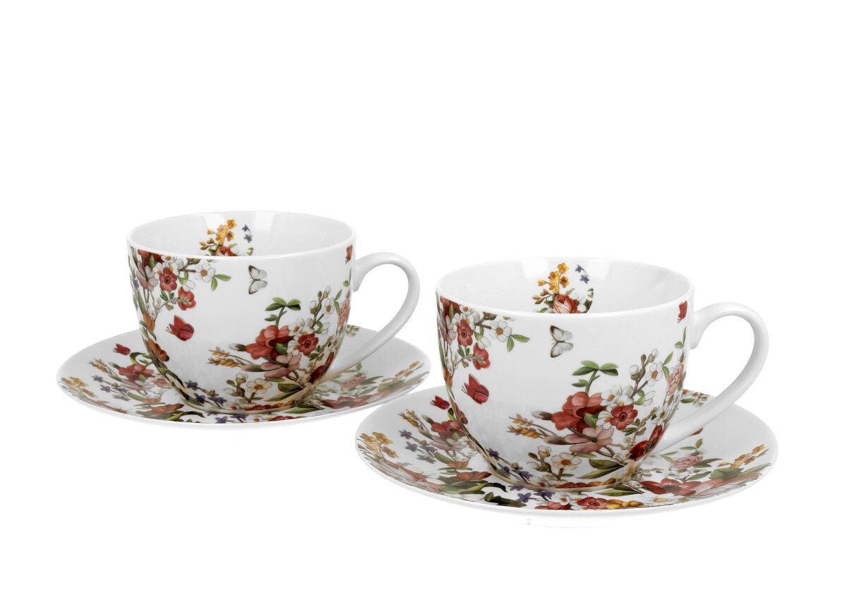 DUO FLORAL 2er-Set Tassen 280 ml VINTAGE FLOWERS WHITE mit Untertassen, New Bone China Porzellan – Bild 2