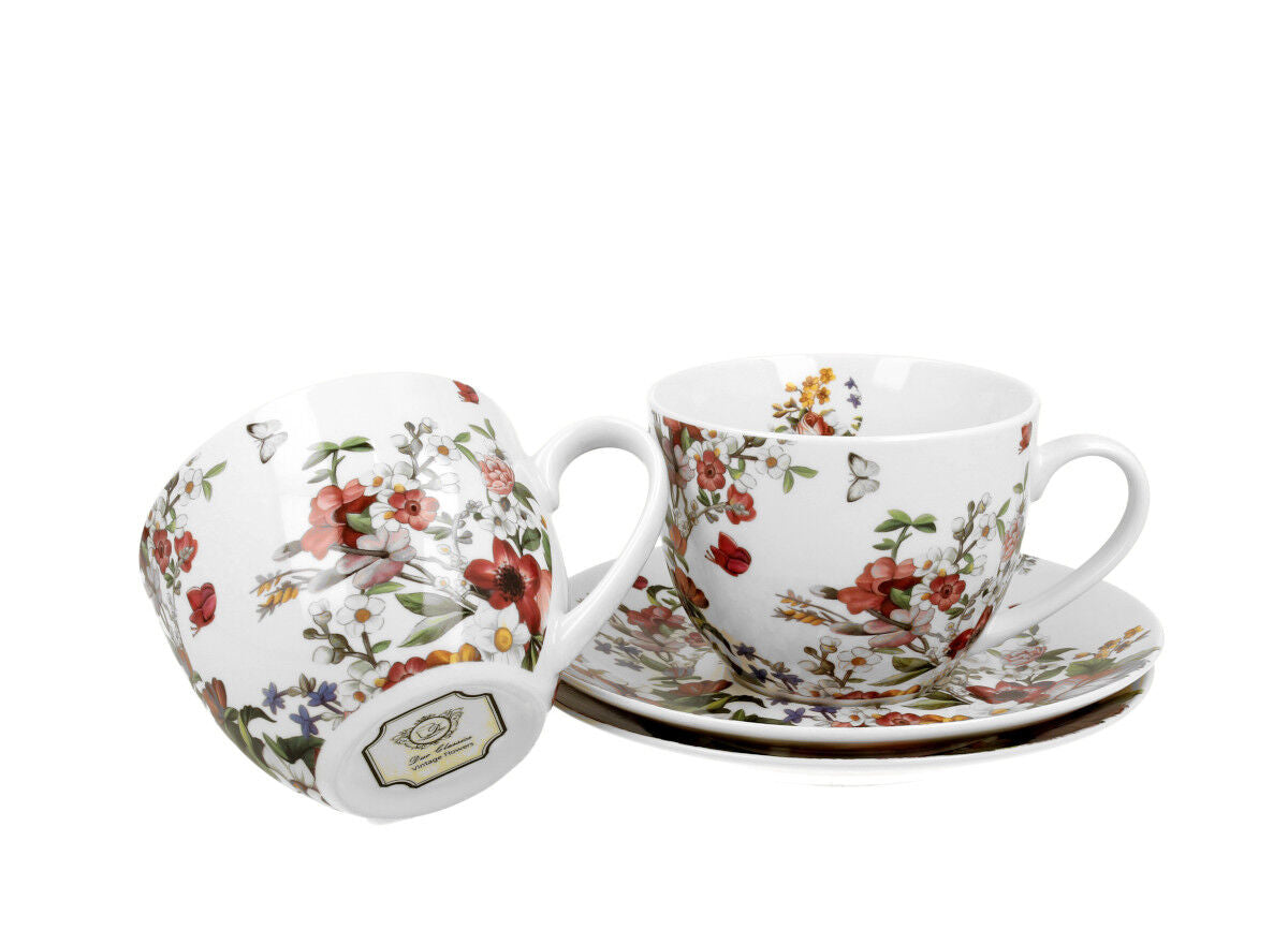 DUO FLORAL 2er-Set Tassen 280 ml VINTAGE FLOWERS WHITE mit Untertassen, New Bone China Porzellan – Bild 3
