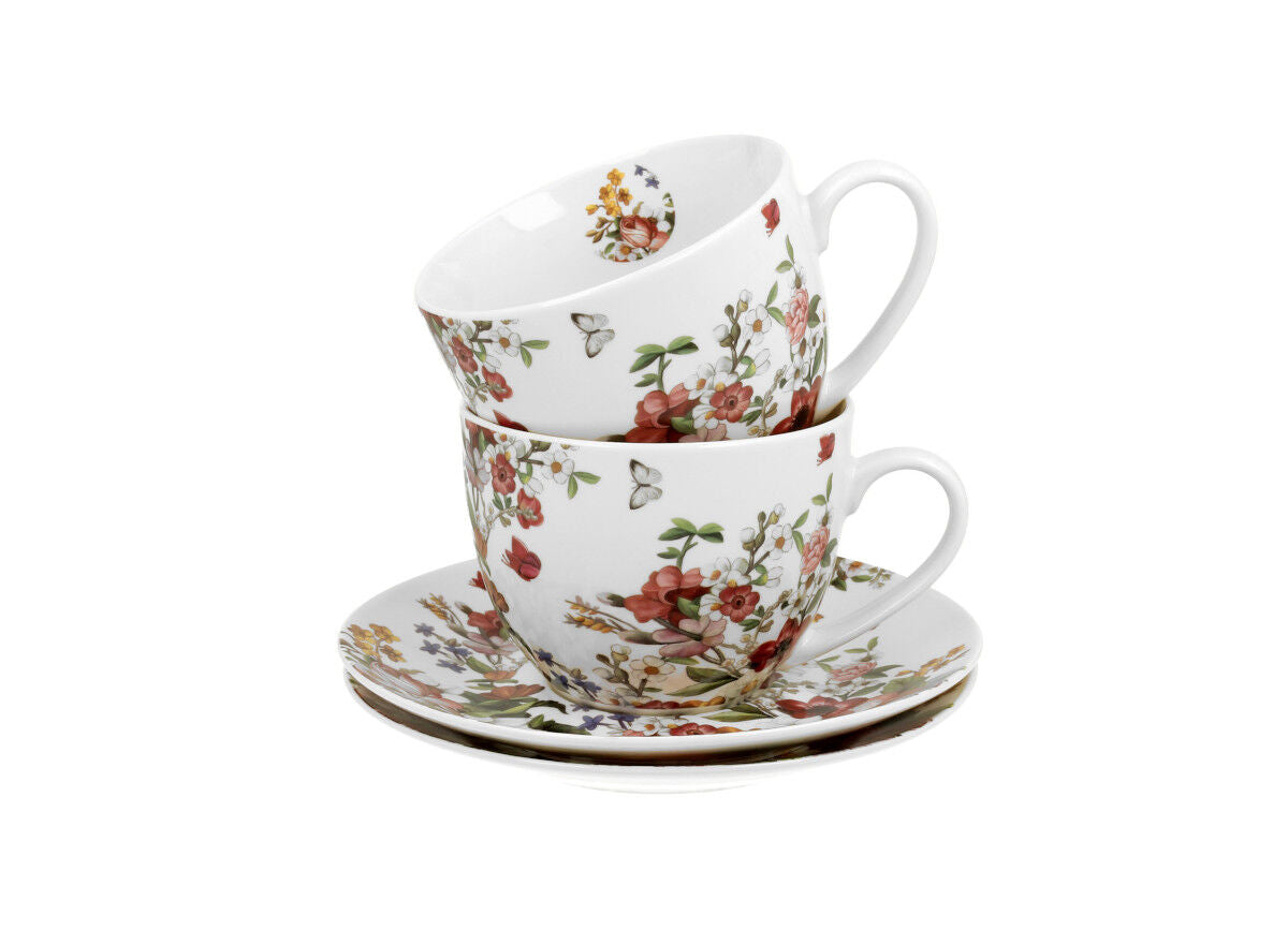 DUO FLORAL 2er-Set Tassen 280 ml VINTAGE FLOWERS WHITE mit Untertassen, New Bone China Porzellan – Bild 4