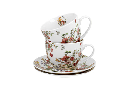 DUO FLORAL 2er-Set Tassen 280 ml VINTAGE FLOWERS WHITE mit Untertassen, New Bone China Porzellan – Bild 4