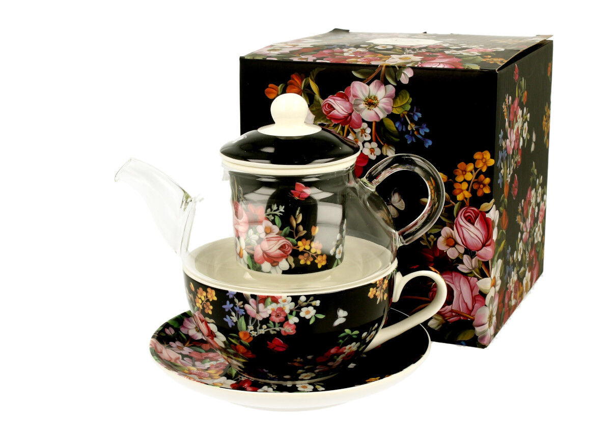 DUO FLORAL Tasse mit Teekanne VINTAGE FLOWERS BLACK Glas - New Bone China Porzellan