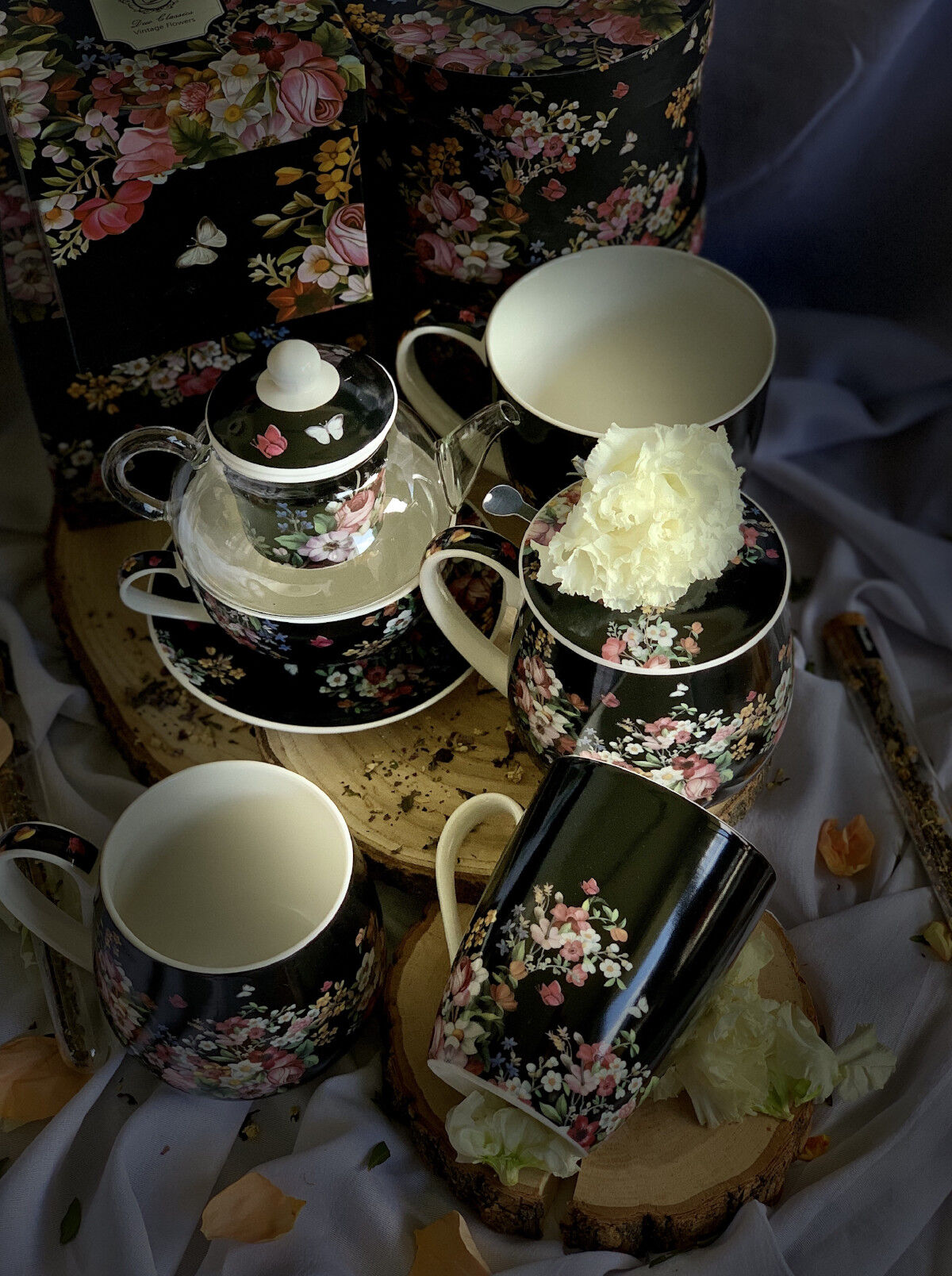 DUO FLORAL Tasse mit Teekanne VINTAGE FLOWERS BLACK Glas - New Bone China Porzellan – Bild 3