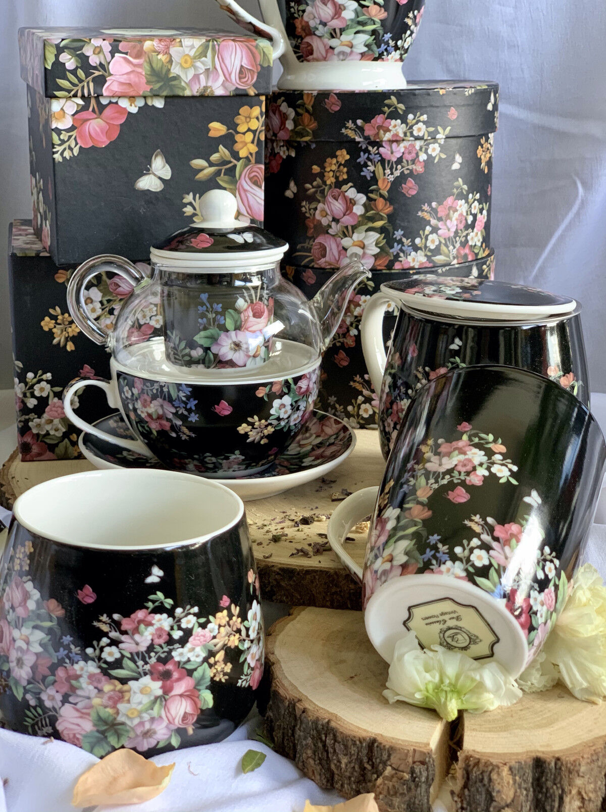 DUO FLORAL Tasse mit Teekanne VINTAGE FLOWERS BLACK Glas - New Bone China Porzellan – Bild 5