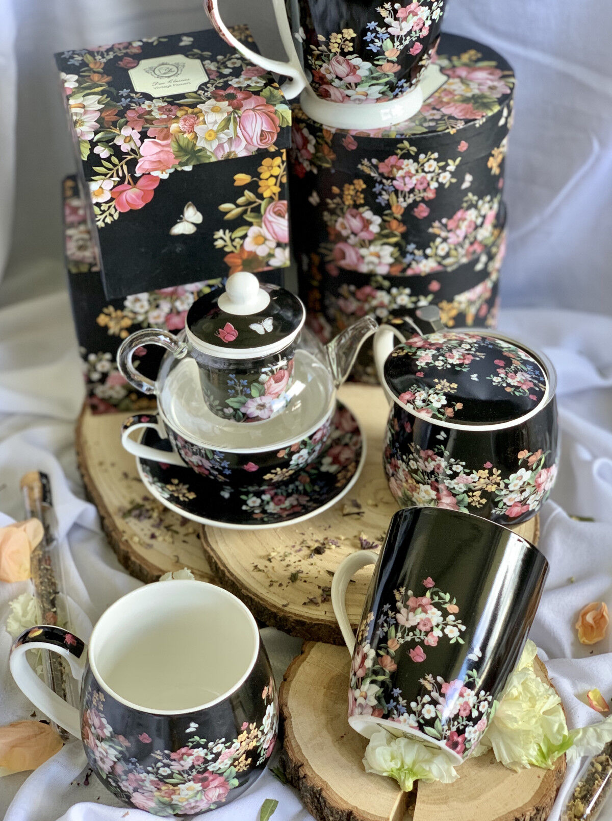 DUO FLORAL Tasse mit Teekanne VINTAGE FLOWERS BLACK Glas - New Bone China Porzellan – Bild 6