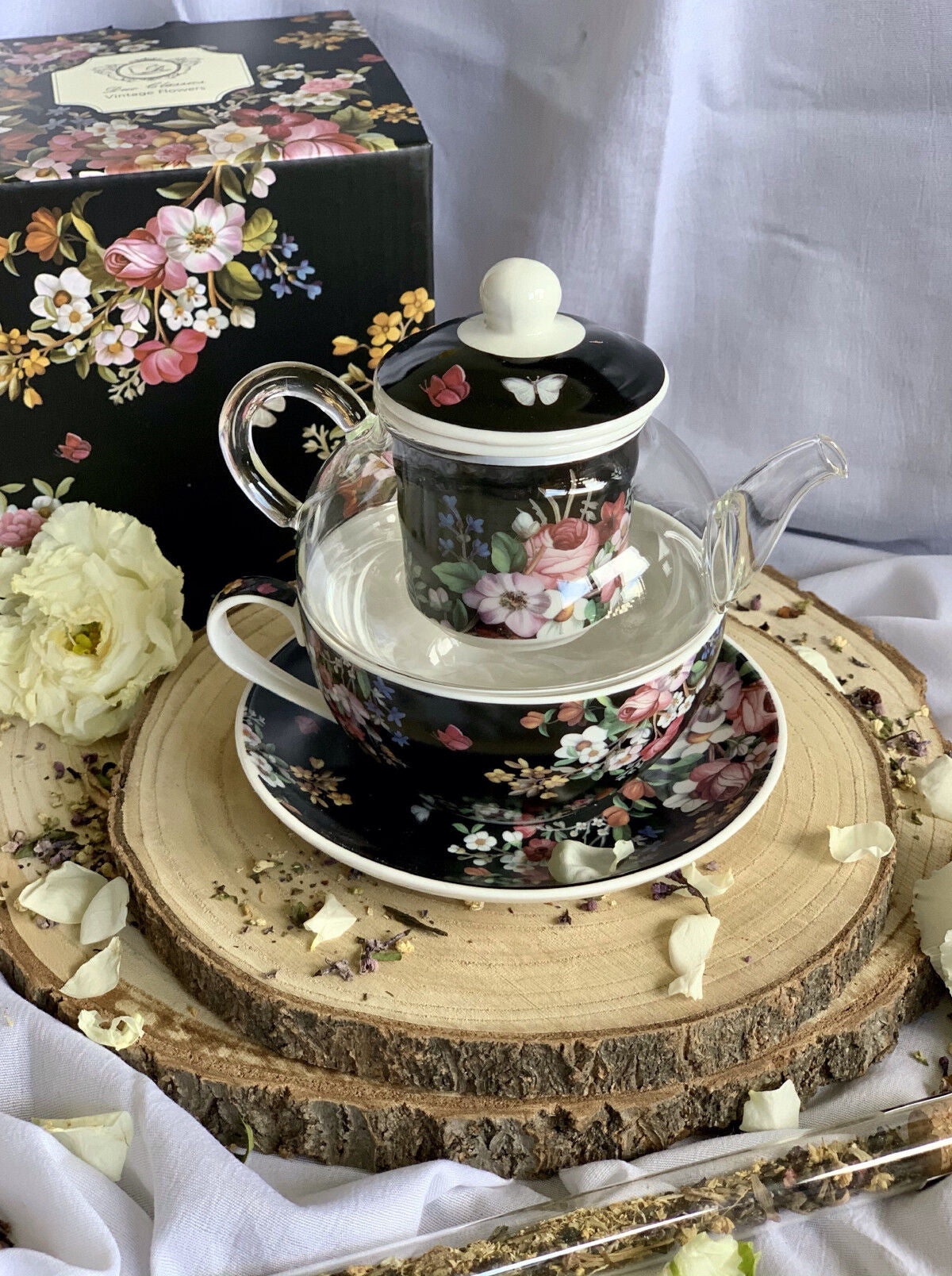 DUO FLORAL Tasse mit Teekanne VINTAGE FLOWERS BLACK Glas - New Bone China Porzellan – Bild 8