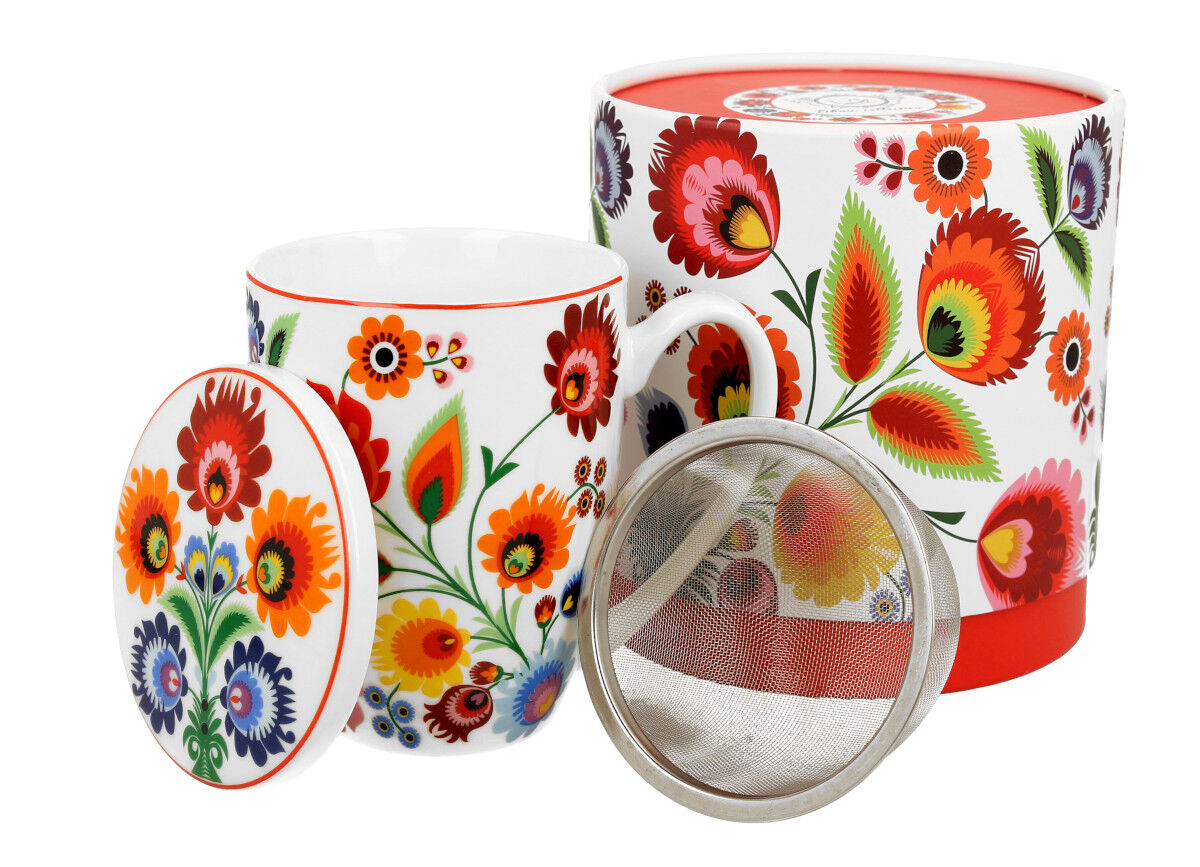 DUO ETNO Becher 380 ml ŁOWICZ mit Teesieb, New Bone China Porzellan
