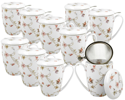 10er SET DUO FLORAL Becher 380 ml SAFA mit Teesieb, New Bone China Porzellan