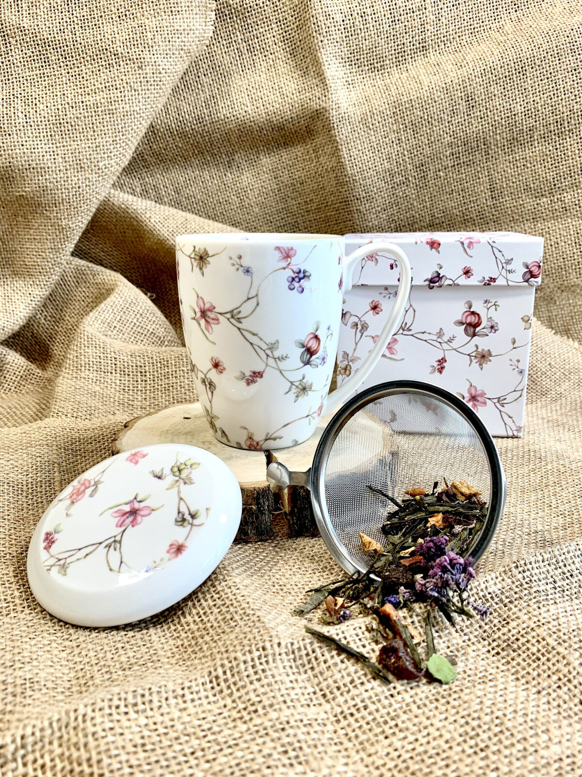 10er SET DUO FLORAL Becher 380 ml SAFA mit Teesieb, New Bone China Porzellan – Bild 6