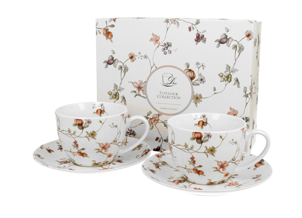 DUO FLORAL 2er-Set Tassen 280 ml SAFA mit Untertassen, New Bone China Porzellan