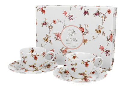 DUO FLORAL 2er-Set Espressotassen 90 ml SAFA mit Untertassen, New Bone China Porzellan
