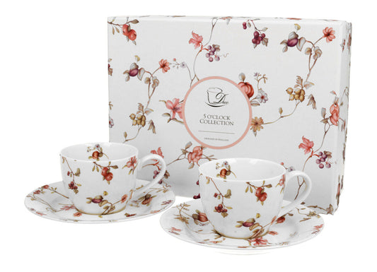 DUO FLORAL 2er-Set Espressotassen 90 ml SAFA mit Untertassen, New Bone China Porzellan