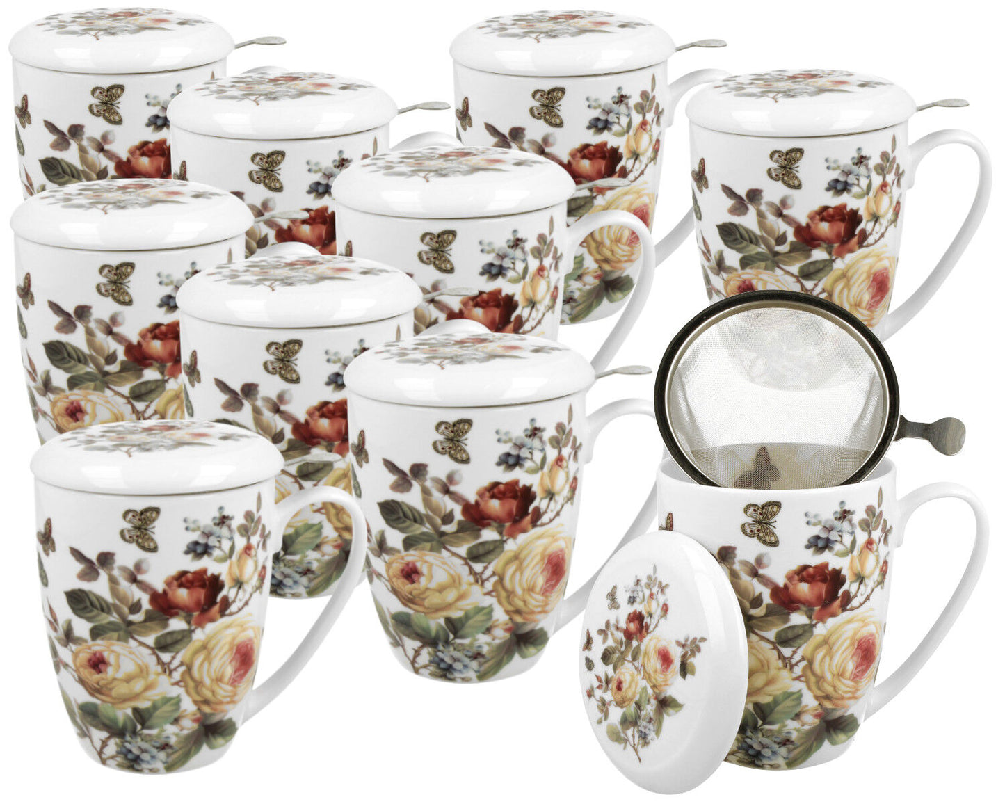 10er SET DUO FLORAL Becher 380 ml ZAHRA mit Teesieb, New Bone China Porzellan