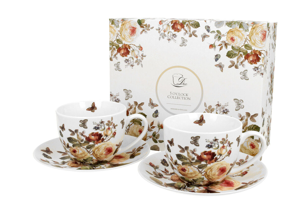 DUO FLORAL 2er-Set Tassen 280 ml ZAHRA mit Untertassen, New Bone China Porzellan