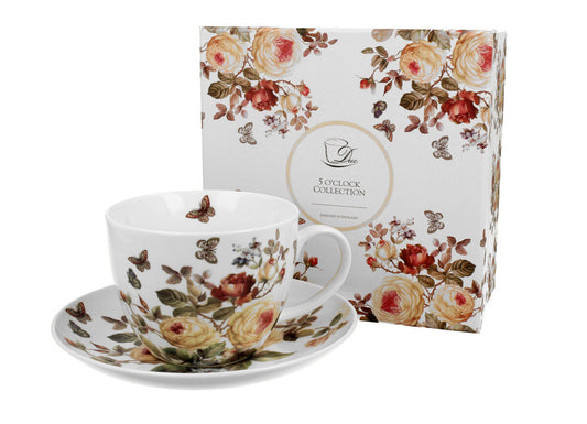 DUO FLORAL Jumbobecher 470 ml ZAHRA mit Untertasse, New Bone China Porzellan