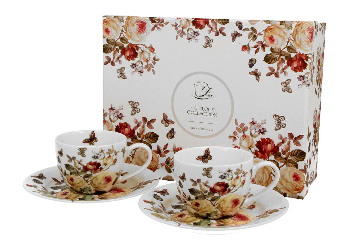 DUO FLORAL 2er-Set Espressotassen 90 ml ZAHRA mit Untertassen, New Bone China Porzellan
