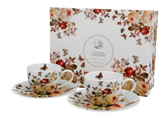 DUO FLORAL 2er-Set Espressotassen 90 ml ZAHRA mit Untertassen, New Bone China Porzellan