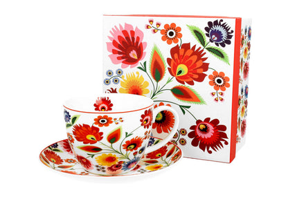 DUO ETNO Jumbobecher 470 ml ŁOWICZ mit Untertasse, New Bone China Porzellan