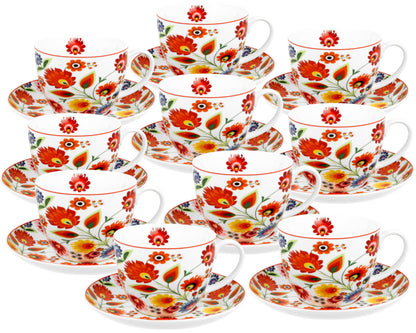 10er SET DUO ETNO Jumbobecher 470 ml ŁOWICZ mit Untertasse, New Bone China Porzellan
