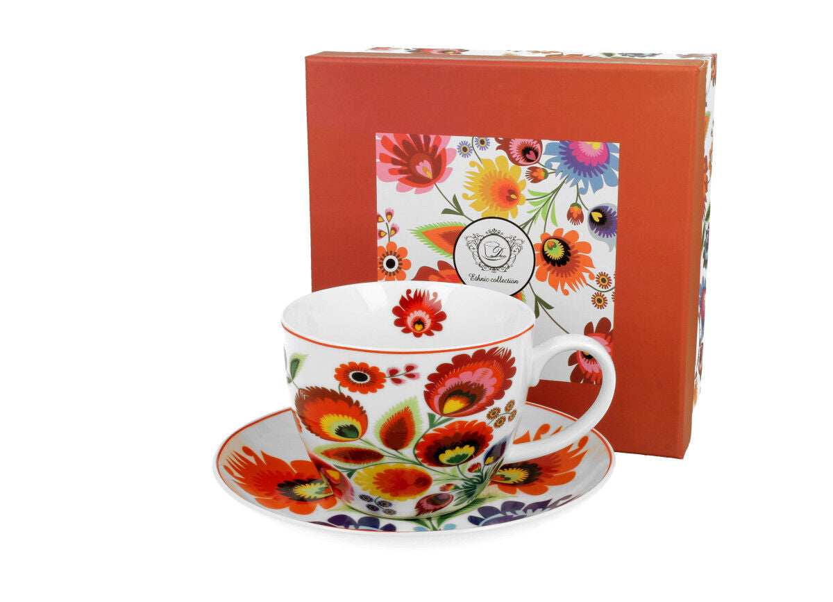 DUO ETNO Jumbobecher 470 ml ŁOWICZ mit Untertasse, New Bone China Porzellan – Bild 2