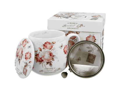 DUO FLORAL Fassbecher 430 ml SECESSION mit Teesieb, New Bone China Porzellan