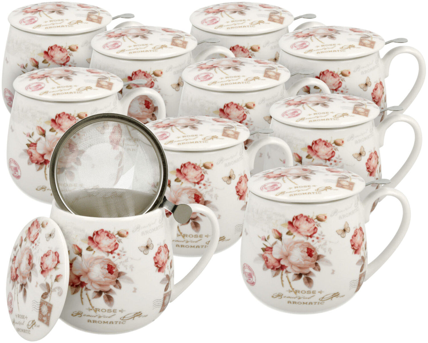 10er SET DUO FLORAL Fassbecher 430 ml SECESSION mit Teesieb, New Bone China Porzellan