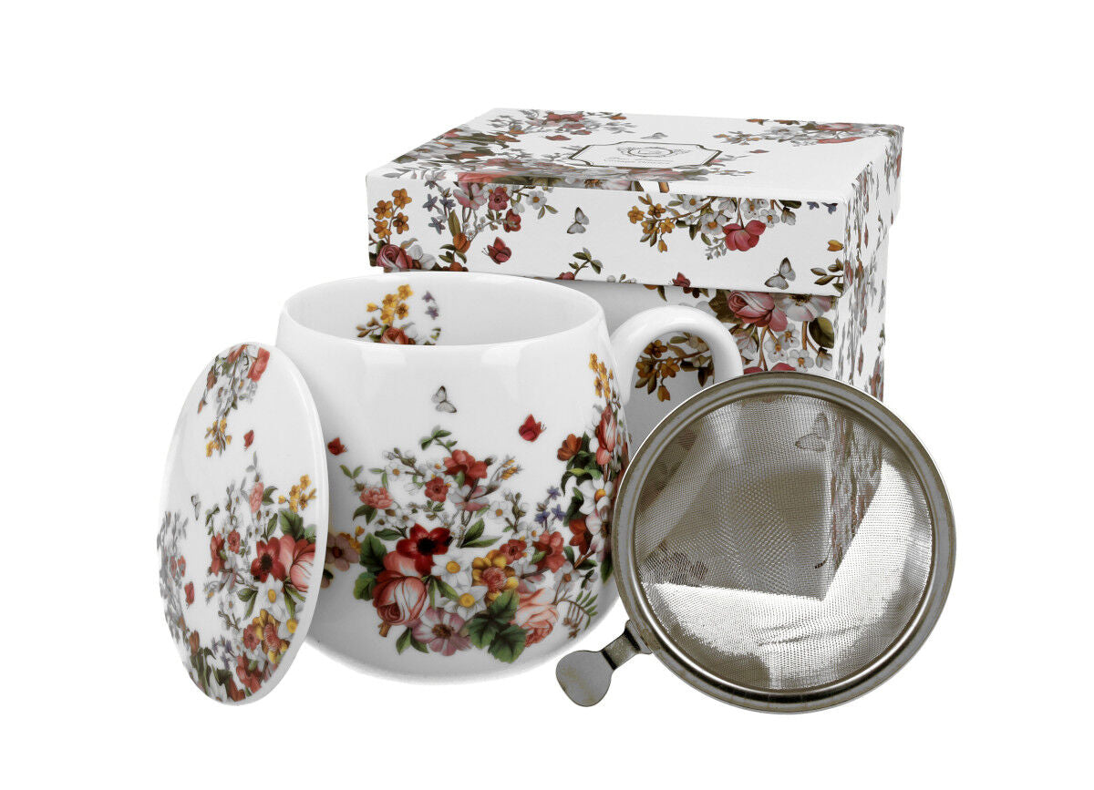 DUO FLORAL Fassbecher 430 ml VINTAGE FLOWERS WHITE mit Teesieb, New Bone China Porzellan
