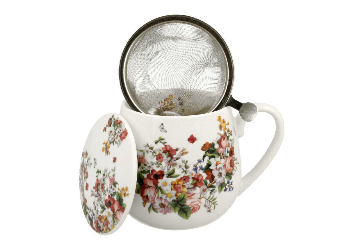 DUO FLORAL Fassbecher 430 ml VINTAGE FLOWERS WHITE mit Teesieb, New Bone China Porzellan – Bild 4