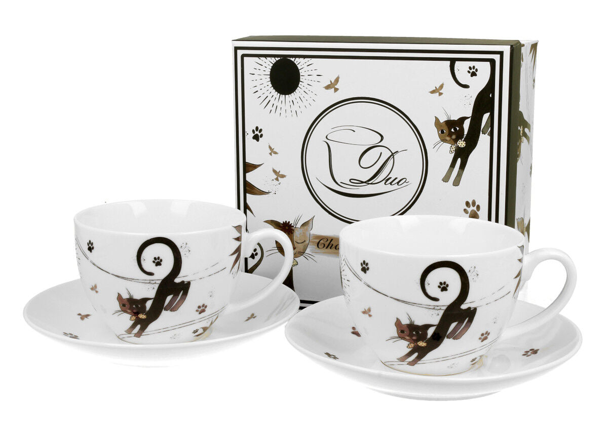 DUO ANIMALS 2er-Set Tassen 280 ml CHARMING CATS mit Untertassen, New Bone China Porzellan